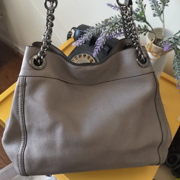Coach Taupe Grey Madison Phoebe Pebbled Leather Chain Large Shoulder Bag - Picture 12 of 14